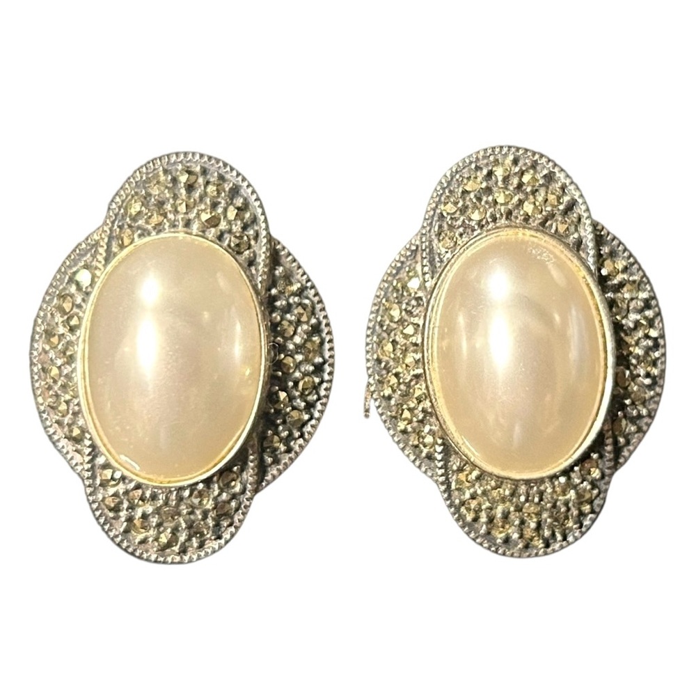 Judith Jack Sterling Silver Pearl & Marcasite Omega Back Clip Statement Earrings